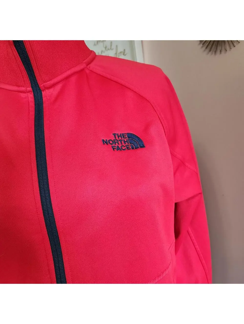 Flawless North Face Tech Mens Red zip jacket with flag patch on arm M